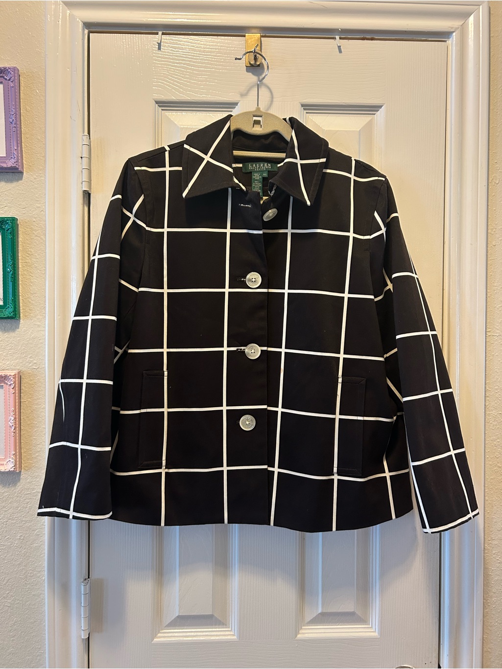 Lauren Ralph Lauren Petit Black And White Grid Button Jacket Size Pl